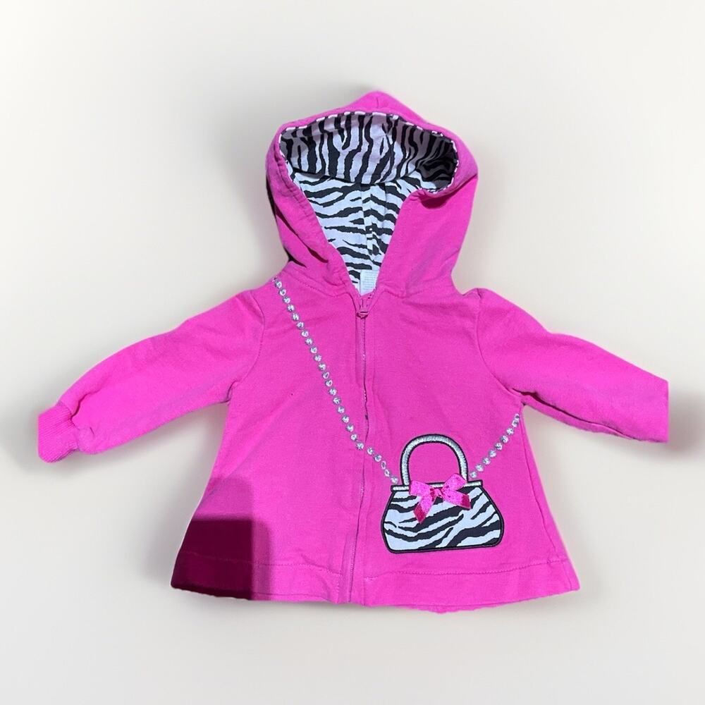 Hot Pink and Black and White Zebra Print Hooded Full Zip‎ Up Hoodie Y2K 3-6 Mont